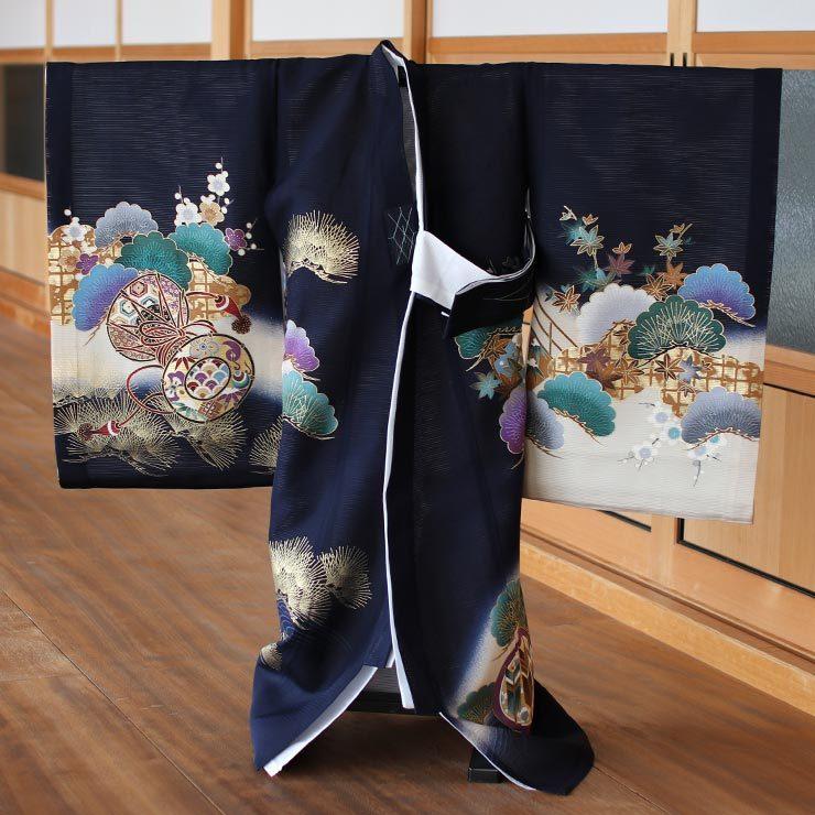 夏用 絽 ] お宮参り 男の子 初着 産着 兜に御所車 紺色 正絹 一つ身 龍