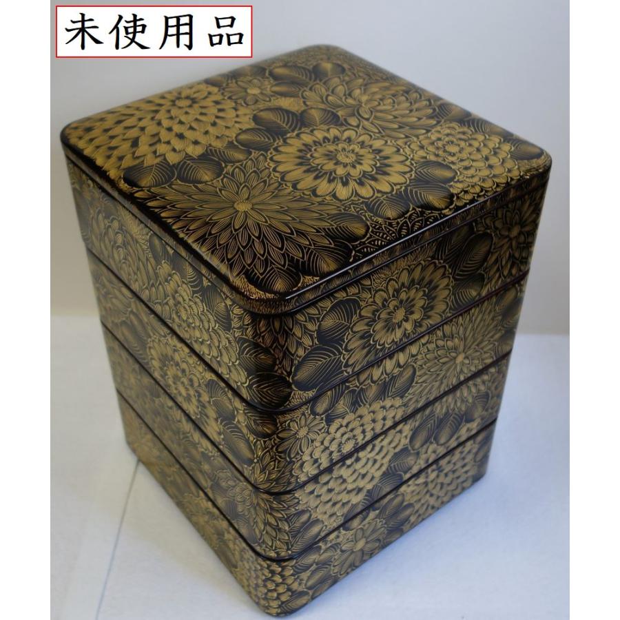 輪島塗 沈金菊文様 四段重箱 未使用 金ぴか 布着せ 本堅地 正月 祝膳