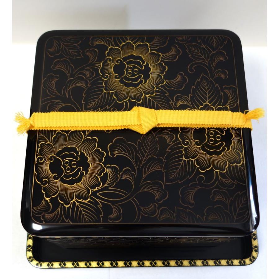 未使用 輪島塗 牡丹 沈金 二段 輪島塗重箱 牡丹唐草 布着せ 本堅地