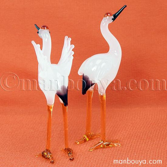 ツル 置物 丹頂 鶴 ミニチュア ガラス細工 正月 飾り タンチョウ 2羽