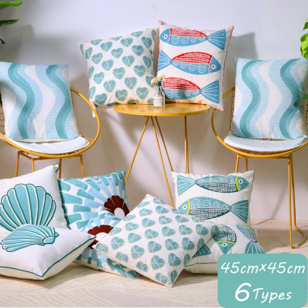 北欧風デザイン刺繍入り クッションカバー 45×45cm 魚 幾何学模様