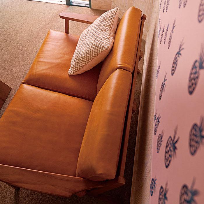 本革ソファ 2人掛け チーク 木製フレーム 天然木 レザー 2P ソファー