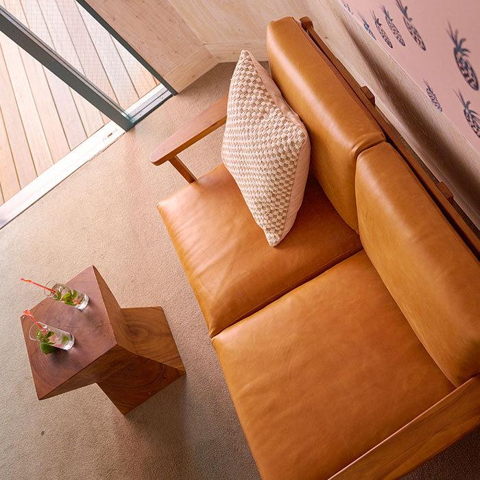 本革ソファ 2人掛け チーク 木製フレーム 天然木 レザー 2P ソファー