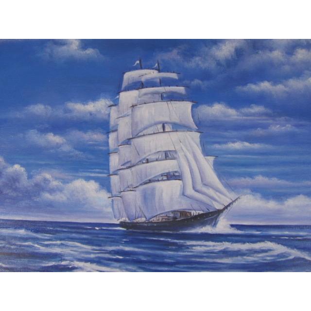 No4800 額装 油彩画 朝日 帆船 直筆サイン 箱付 絵画 美術 送料無料