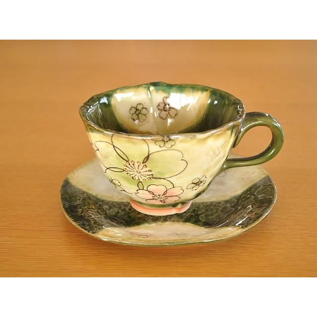 食器 和食器 おしゃれ コーヒーカップ 土物織部桜カップ＆ソーサー