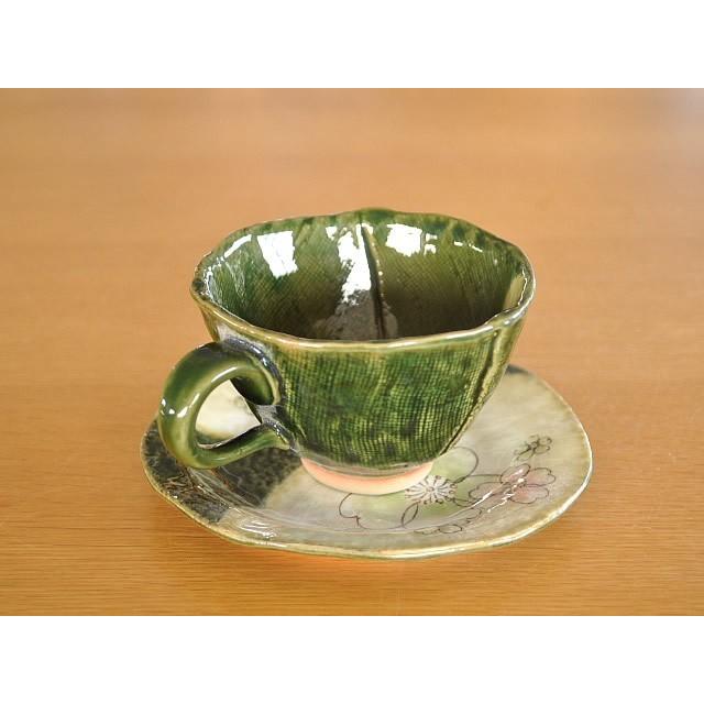 食器 和食器 おしゃれ コーヒーカップ 土物織部桜カップ＆ソーサー
