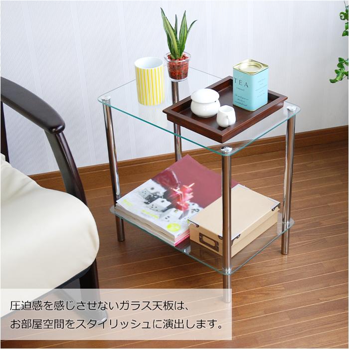 ミヤグチ企販 サイドテーブル おしゃれ ガラスラック 長方形 2段