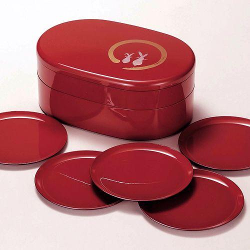 みよし漆器本舗 紀州塗り 8.5寸 小判二段行楽 重箱 朱 うさぎ (取皿付