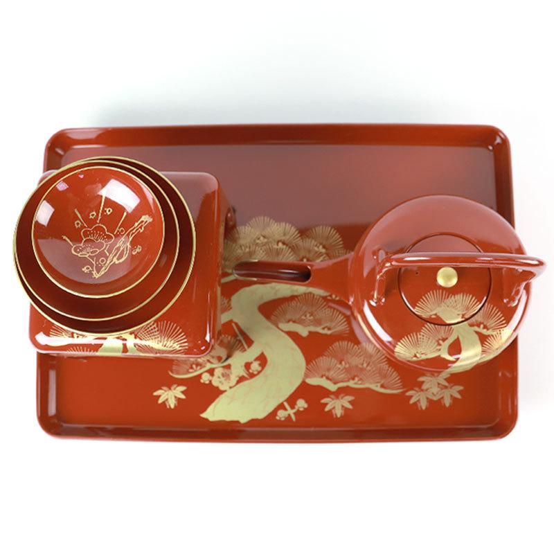 みよし漆器本舗 日本製 屠蘇器 総朱 松竹梅 枠足 四ツ揃 会津塗り