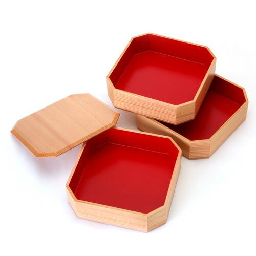 みよし漆器本舗 秋田杉 6.5寸 隅切三段重箱 内朱 大館工芸社 日本製 三