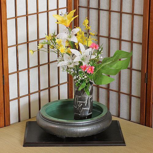 信楽焼 水盤 花器 11号 中青磁 万年青 丸 陶器 池坊 嵯峨御流 生け花