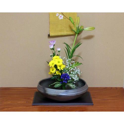 ポイント3倍]信楽焼 水盤 花器 12号 炭化ひねり灰ぼかし 丸 陶器 池坊