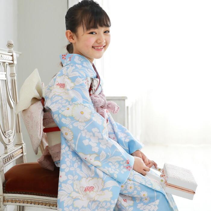 七五三 着物 7歳 フルセット 購入 販売「水色地に白の花柄」 〔zu〕 七