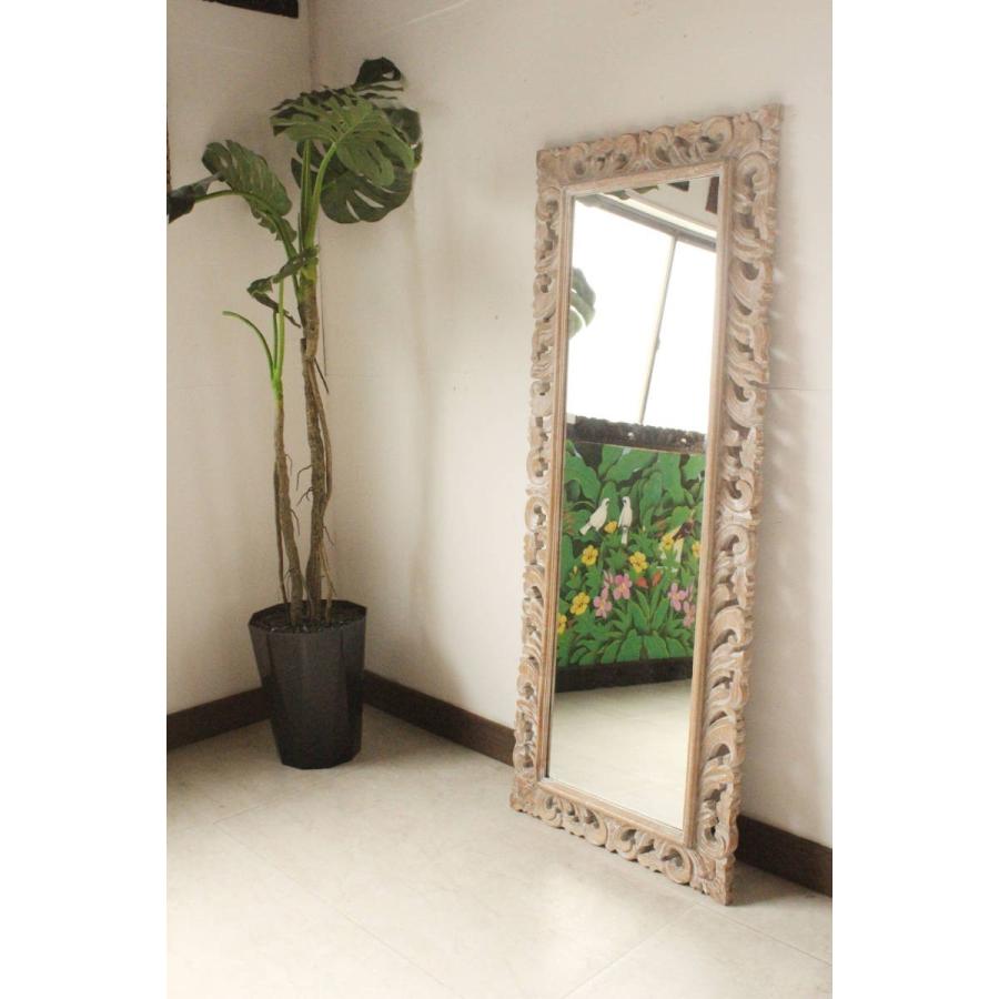 ウッドフレームミラー 鏡 姿見 壁掛け ウォールミラー 木製 彫刻