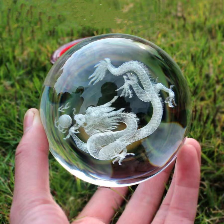 龍 クリスタルボール 8cm 10cm 龍神 干支 辰 置き物 人工水晶 丸玉