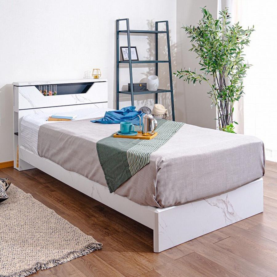 ニトリ（NITORI） ベッド 棚・照明付きベッドフレーム (大理石調 S WH