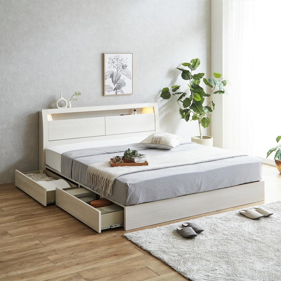 棚・コンセント・照明付きクイーンベッドフレーム(KB WW 引出付き