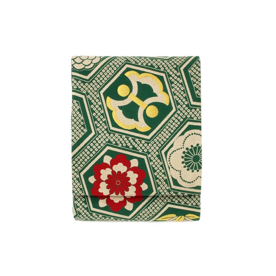 袋帯 振袖用 きもの道楽 緑 グリーン 金色 梅 桜 菊 竹 小槌 亀甲 正絹