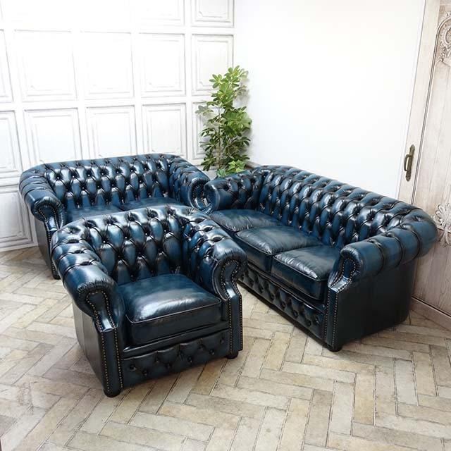 アンティーク ソファー 革 青 チェスターフィールドソファ sa-915-1-l9