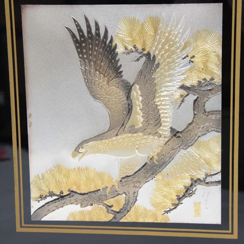 アウトレット品 五月人形平飾台 屏風・台セット 20号 黒塗 彫金松鷹