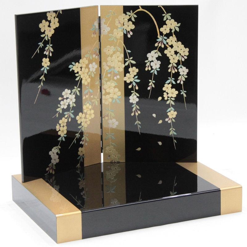 アウトレット品 雛人形平飾台 屏風・台セット 58cm 黒塗金色帯平台