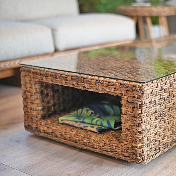 リビングテーブル ガラステーブル おしゃれ バナナリーフ ラタン 籐