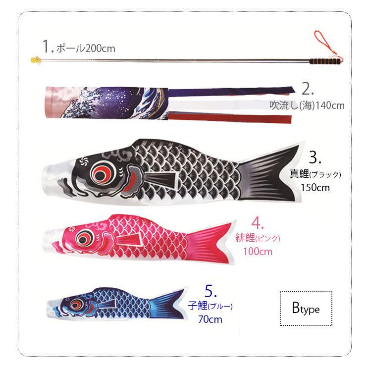 鯉のぼり こいのぼり 1.5m 5点セット 真鯉 緋鯉 子鯉 吹流し ポール