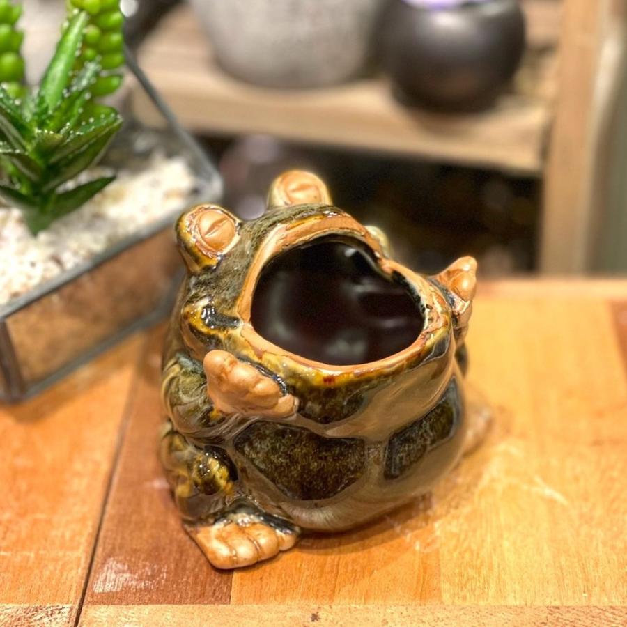 カエルの置物 陶器 カエル ペン立て dy10047l 小物入れ 花器 花瓶