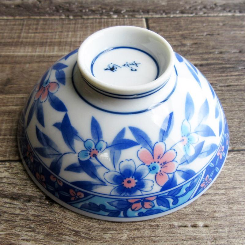 青い花柄 平茶碗 12cm / 日本製 美濃焼 ちゃわん 飯碗 持ちやすい