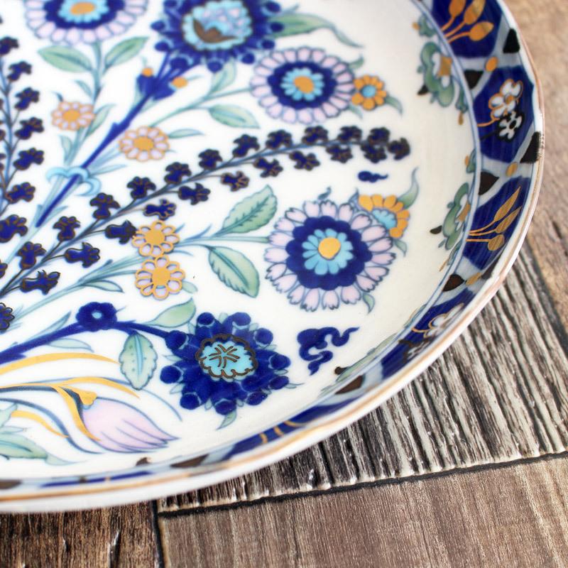 大皿 トルコ IZNIK 飾り皿 青い花柄 高級食器 イズニック陶芸 金彩 上