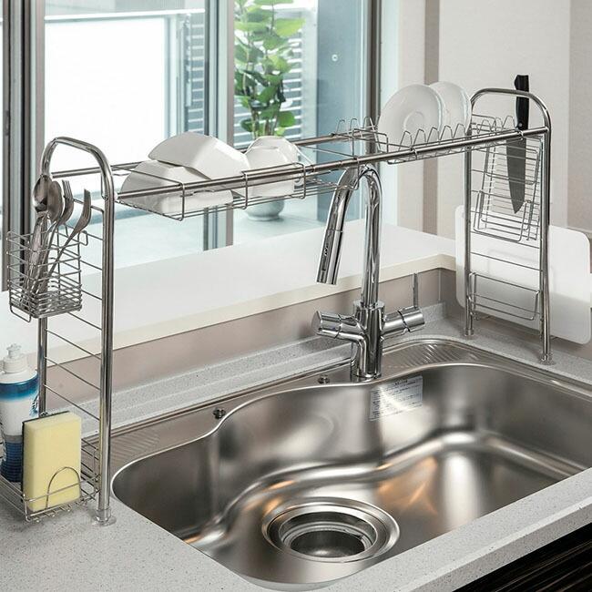 シンク上 水切りラック 伸縮式 ステンレス 7点セット | 水切り ラック