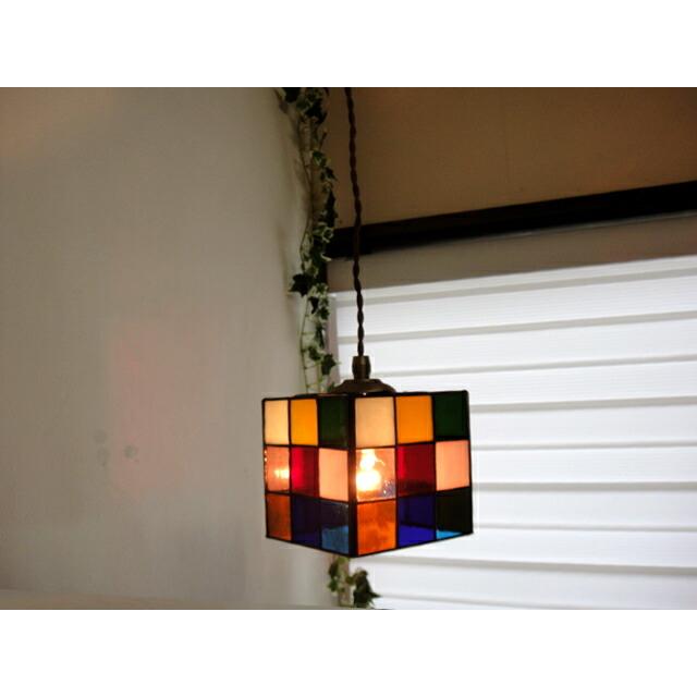 ☆ステンドグラススクエアペンダントランプ カラフルマルチブロック