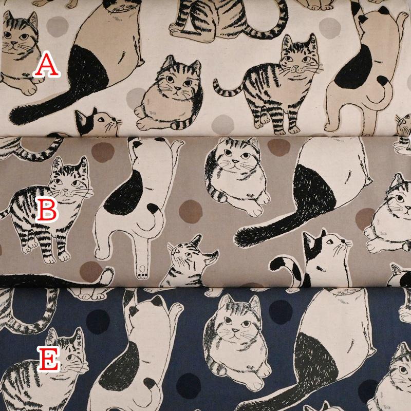 綿麻キャンバス プリント 生地 (50cm単位) KTS7110 Big猫 ねこ ネコ