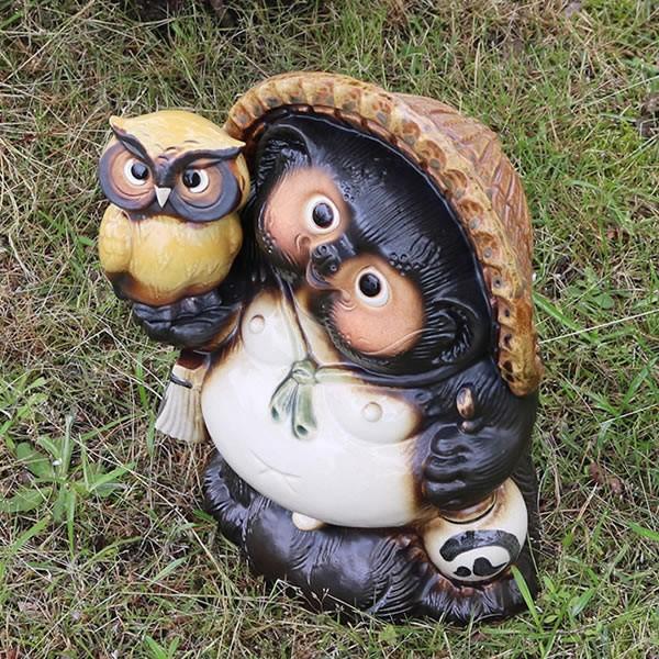 信楽焼 10号ふくろう持ち狸(黄) たぬき タヌキ 狸 開運 縁起物 可愛い