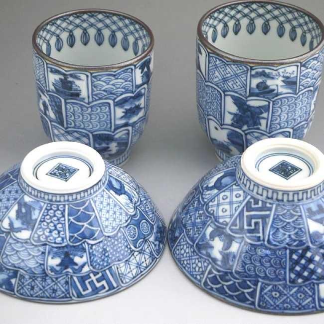 京焼 清水焼 菊彫祥瑞夫婦湯呑と夫婦茶碗セット : 松韻堂 Yahoo!店