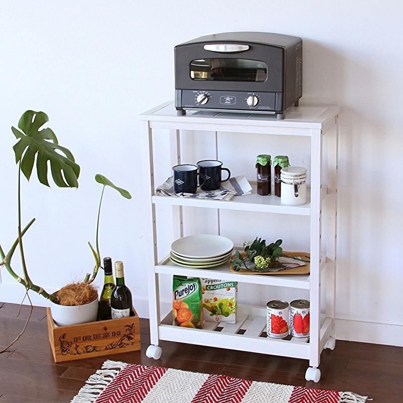 キッチンワゴン キャスター付 4段ワゴン 天然木 木製 ワゴン タイル