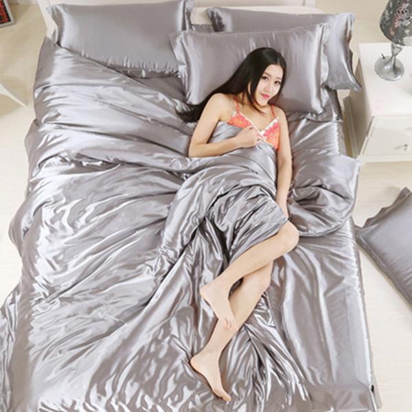 ソリッドカラーサテンシルク寝具の掛け布団カバーセット、クイーン