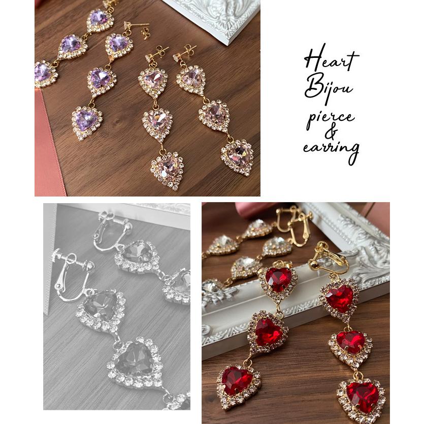 パリスキッズ イヤリング ピアス 3連 ビジュー ハート トリプル ライン