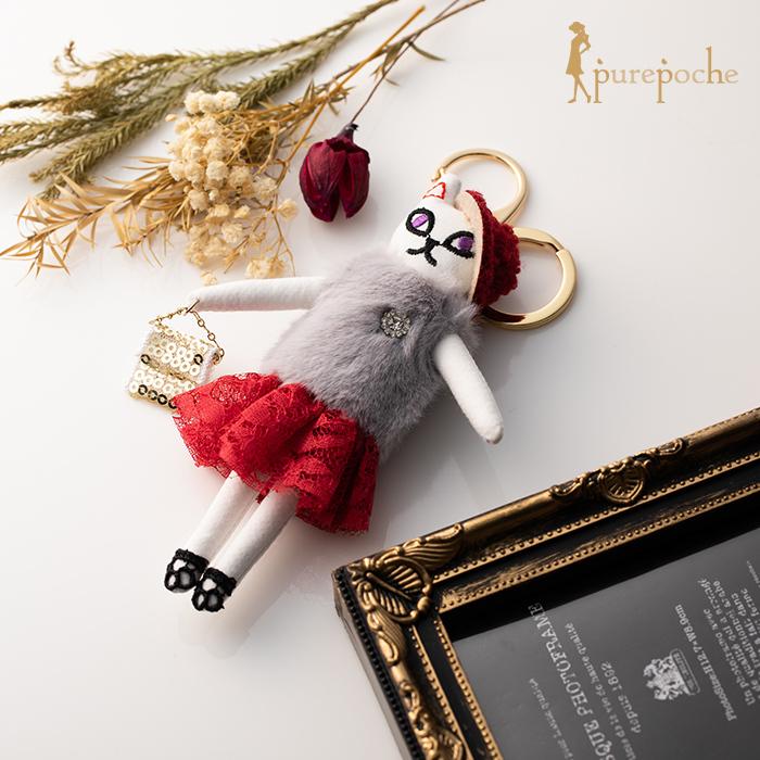 ドールバッグチャーム バッグアクセ おでかけ 猫 ネコ 赤 : purepoche