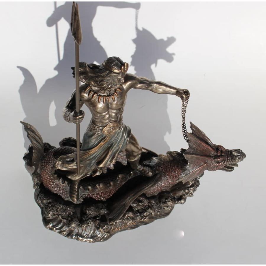 三叉の矛を持って、海馬に立つポセイドン ブロンズ風彫像 古代ギリシャ