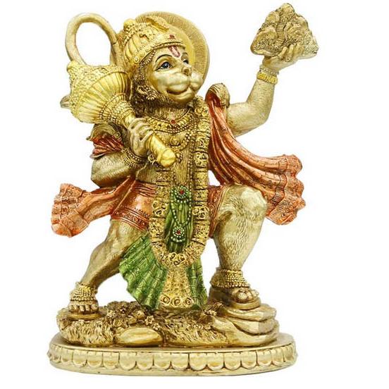 ヒンズー教の神、空飛ぶハヌマン像 ゴールド風彫像 - インド、ムルティ