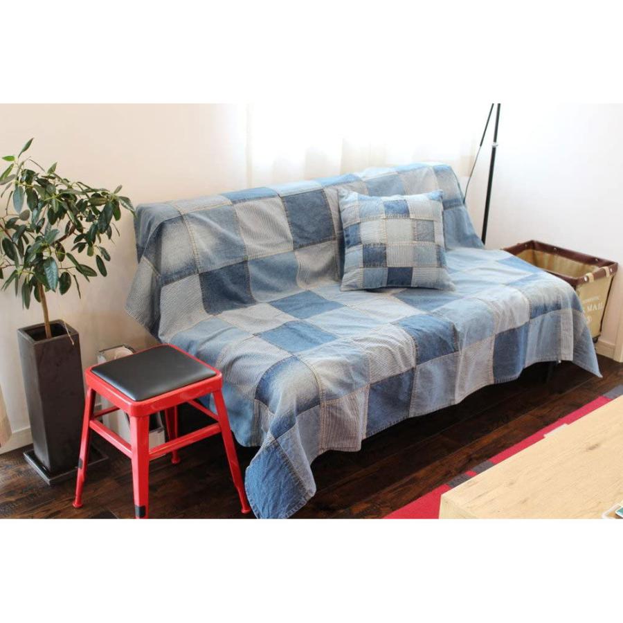 パッチワーク デニム ソファカバー ブロック柄 おしゃれ ブルー