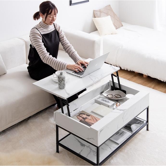 ローテーブル 昇降式 おしゃれ 高さ調整 北欧モダン 木目 机 棚 ラック