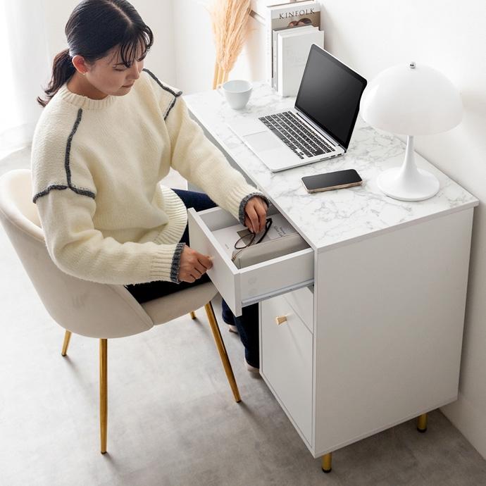デスク 机 大理石調 かわいい 白 ストーン柄 学習机 引き出し ホワイト