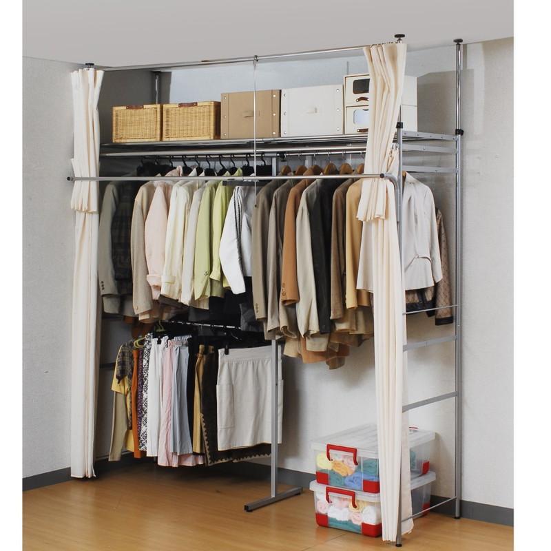 ワードローブ 突っ張り 伸縮 ハンガーラック 棚 カーテン クローゼット