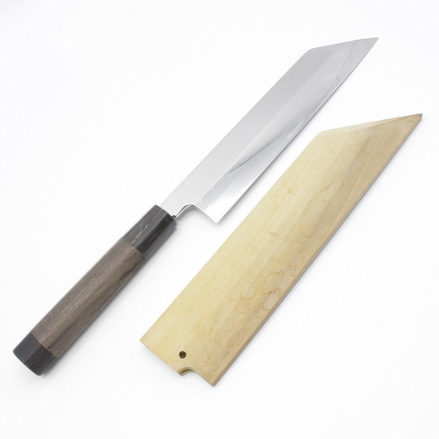 紀親 剥き物包丁 七寸 八角黒檀柄 鏡面 鞘付 刃渡り約210mm 和包丁