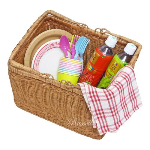 ハンドルが倒せる 籐かご バスケット ラタン ピクニックバスケット 2本