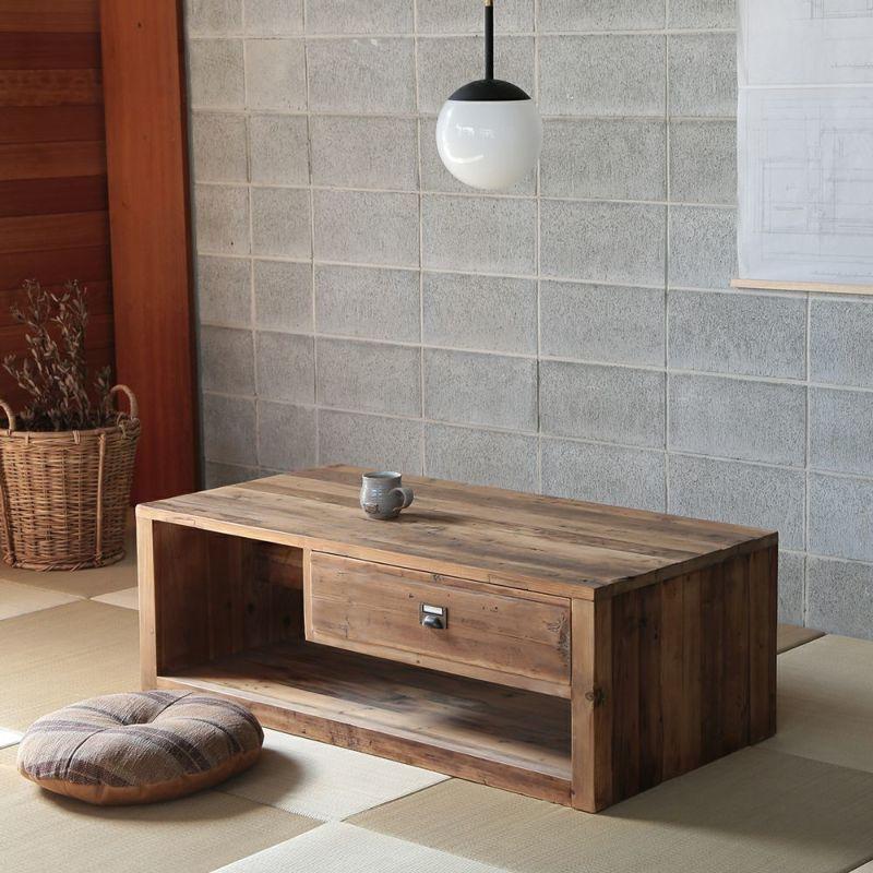 コーヒーテーブル センターテーブル L字型収納 120幅 パイン古材 収納
