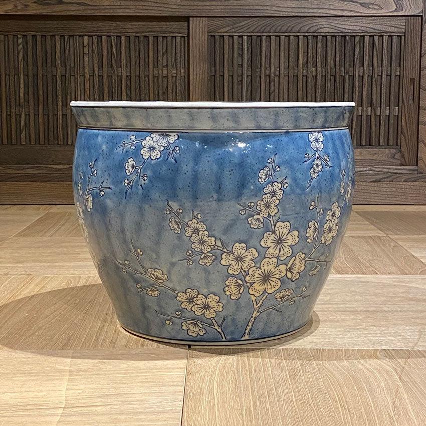 青花丸大魚缶 白梅（大）14号鉢 水鉢 火鉢 睡蓮鉢 メダカ鉢 プランター
