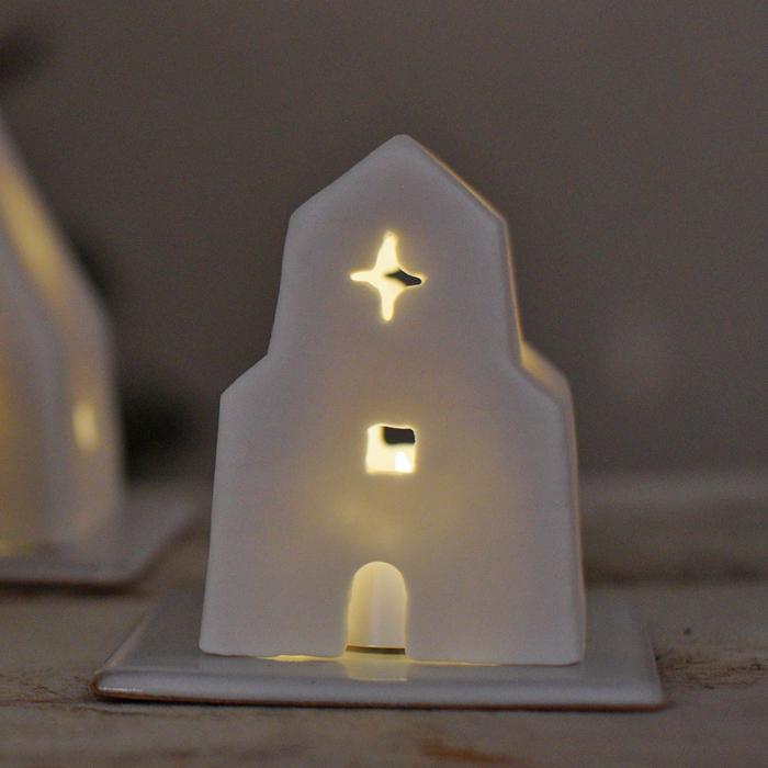 益子焼のキャンドルハウス 【教会】 LEDライト＆台座つき わかさま陶芸